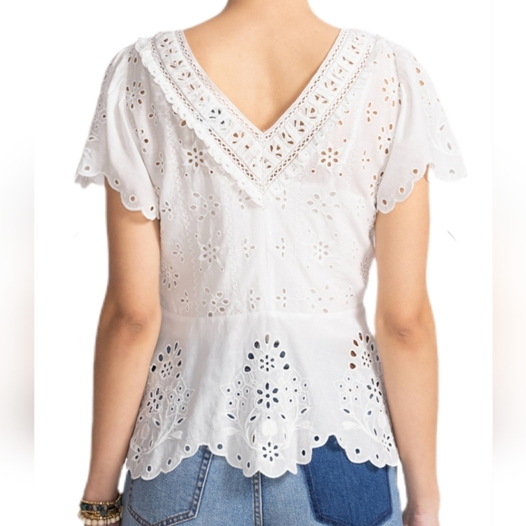 Johnny Was Jade Elizabeth white cotton embroidered eyelet peplum top S NWT - Picture 2 of 13